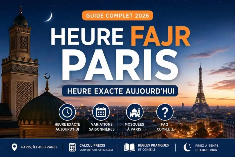 Heure Fajr Paris aujourd’hui 2026 — bannière featured image premium avec skyline de Paris à l’aube, Grande Mosquée de Paris en silhouette élégante, ciel bleu profond vers orange lever du soleil, croissant islamique subtil, horloge moderne indiquant l’heure du Fajr, design éditorial SEO professionnel, style web banner haute conversion, ambiance spirituelle, composition large 1200x630, branding moderne bleu #243f90 et orange #ff8451, texte visuel clair “Heure Fajr Paris”, esthétique propre, informative et premium.