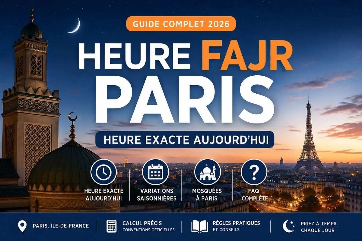 Heure Fajr Paris aujourd’hui 2026 — bannière featured image premium avec skyline de Paris à l’aube, Grande Mosquée de Paris en silhouette élégante, ciel bleu profond vers orange lever du soleil, croissant islamique subtil, horloge moderne indiquant l’heure du Fajr, design éditorial SEO professionnel, style web banner haute conversion, ambiance spirituelle, composition large 1200x630, branding moderne bleu #243f90 et orange #ff8451, texte visuel clair “Heure Fajr Paris”, esthétique propre, informative et premium.